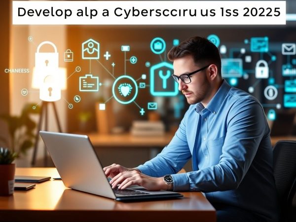 Expert în cyber security analizând date pe un laptop.